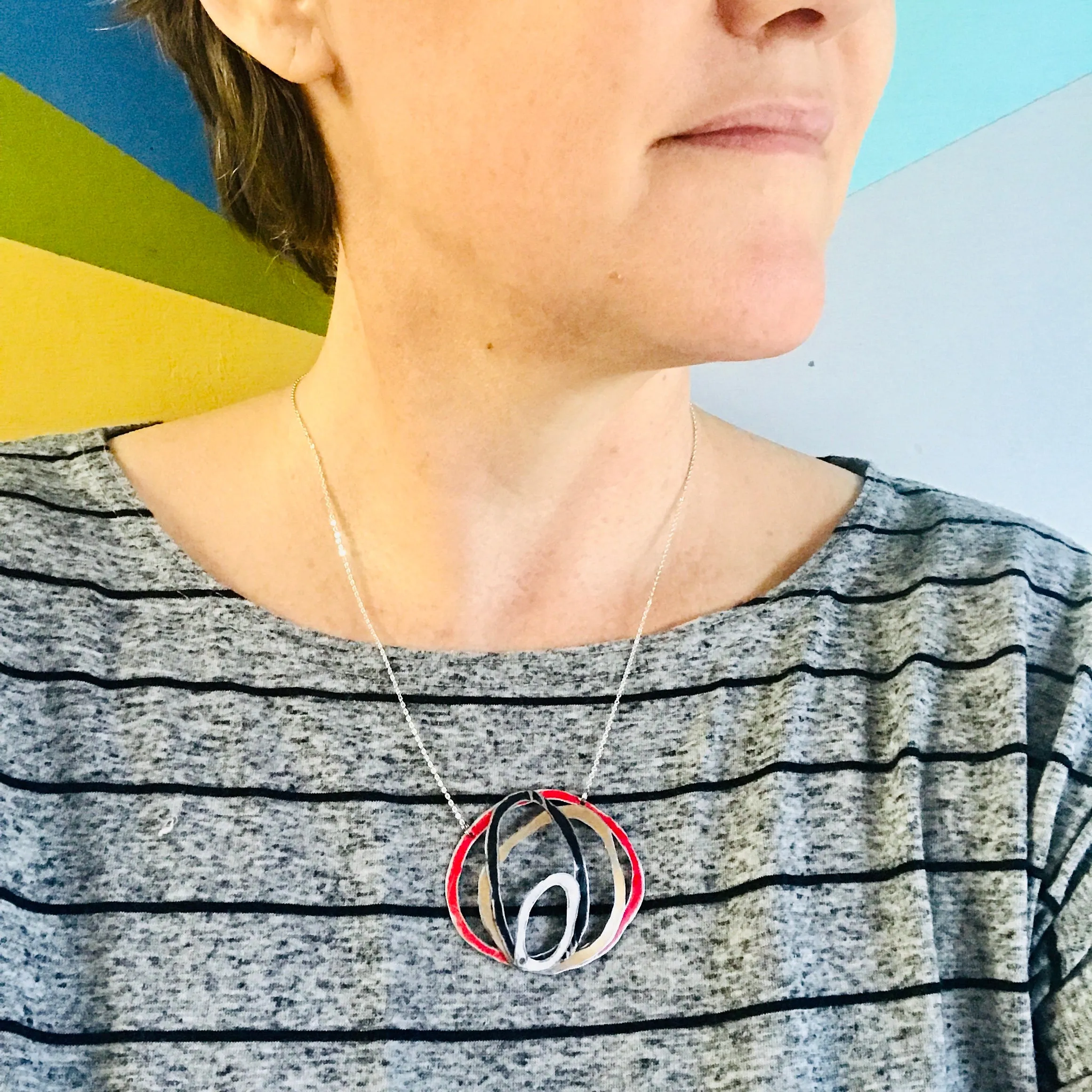 Scarlet, Black, Snow & Gold Scribbles Upcycled Tin Necklace