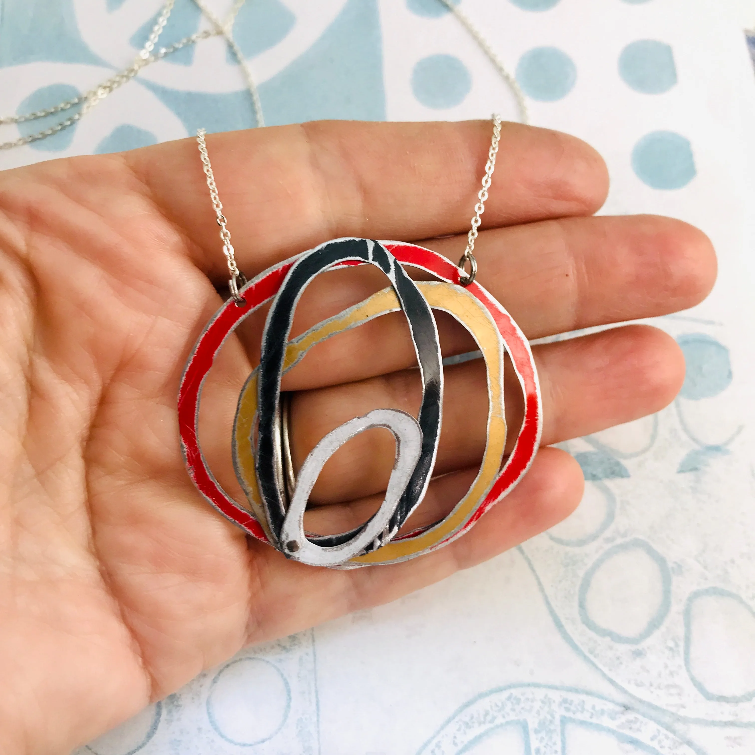 Scarlet, Black, Snow & Gold Scribbles Upcycled Tin Necklace