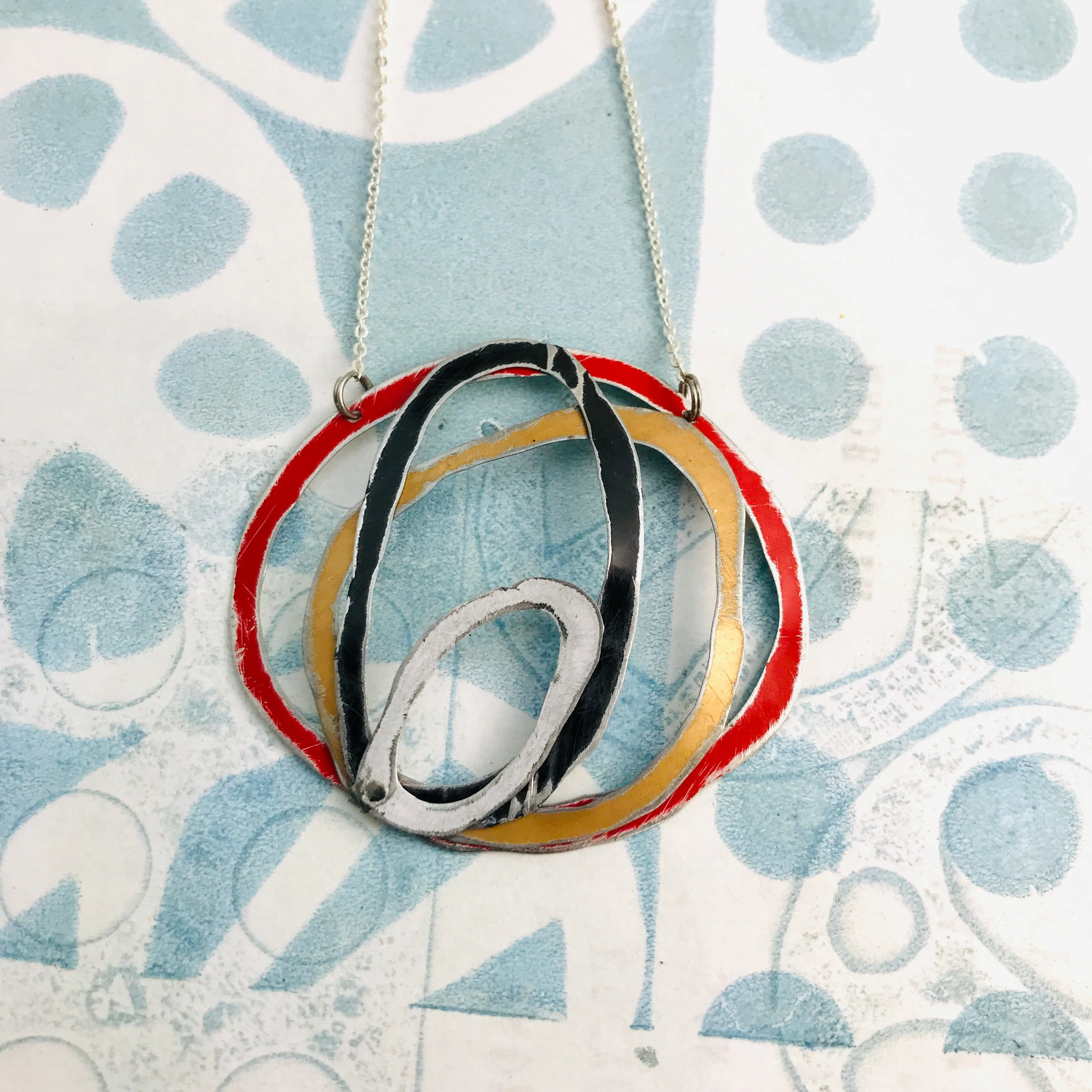 Scarlet, Black, Snow & Gold Scribbles Upcycled Tin Necklace