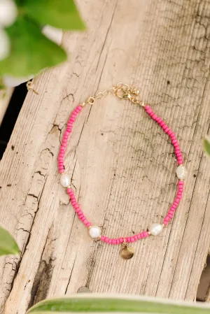 Seed Bead Anklet In Hot Pink