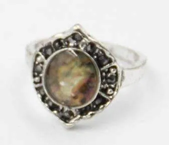 Shield Abalone Shell and Black Crystal Vintage Silver Ring
