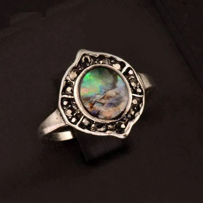 Shield Abalone Shell and Black Crystal Vintage Silver Ring