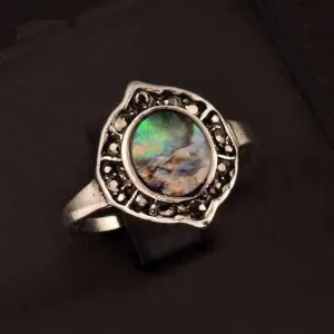 Shield Abalone Shell and Black Crystal Vintage Silver Ring