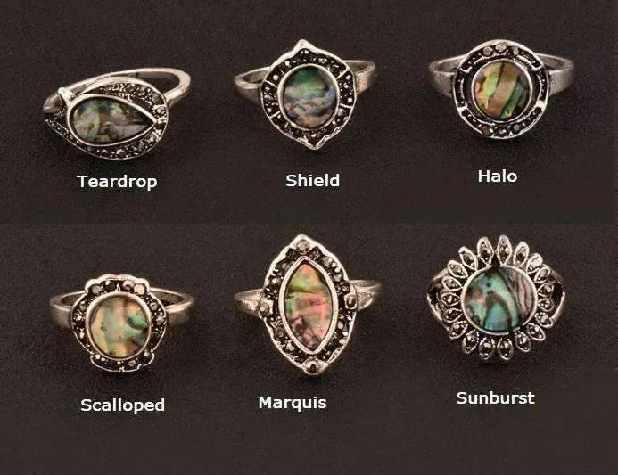 Shield Abalone Shell and Black Crystal Vintage Silver Ring