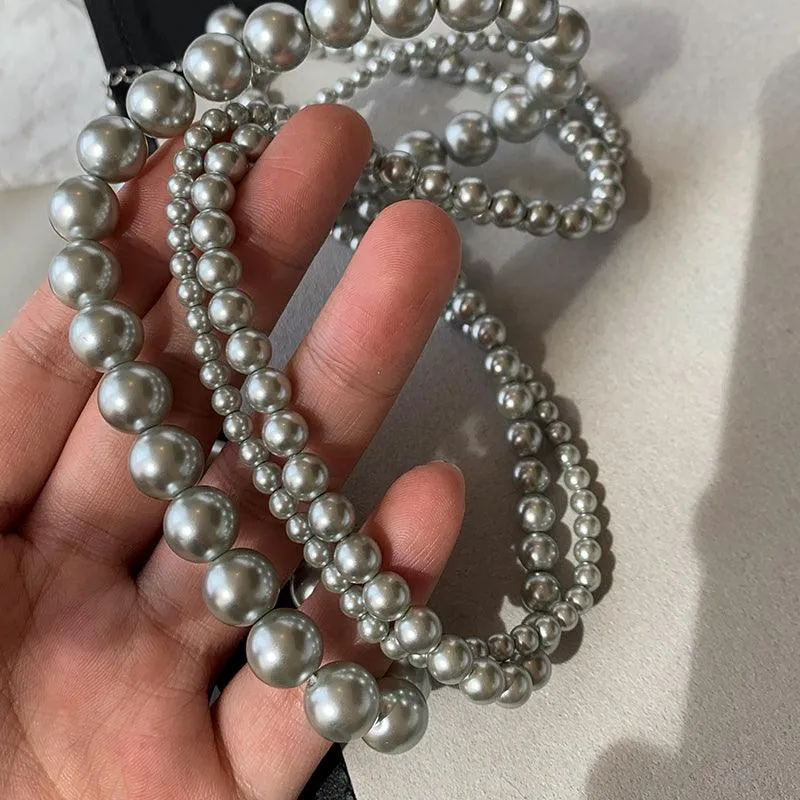 Silver Grey Round Pearl Sweater Chain New Women