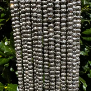 Silver Plated Natural Pyrite Faceted Rondelle Beads | 4mm | 14" Strand | Approx. 125 Beads Per Strand.