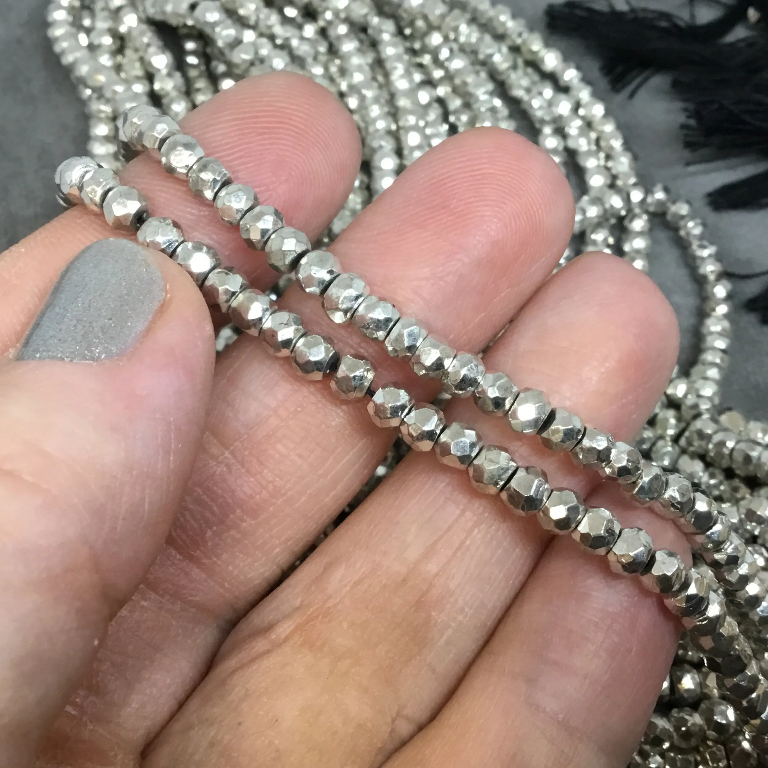 Silver Plated Natural Pyrite Faceted Rondelle Beads | 4mm | 14" Strand | Approx. 125 Beads Per Strand.