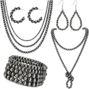 SONNYX Navajo Pearl Jewelry Set for Women - Pearl Necklace, Beaded Bracelet, Dangling Earrings, Multilayer Boho Vintage Choker Necklace - Western Jewelry for Cowgirl