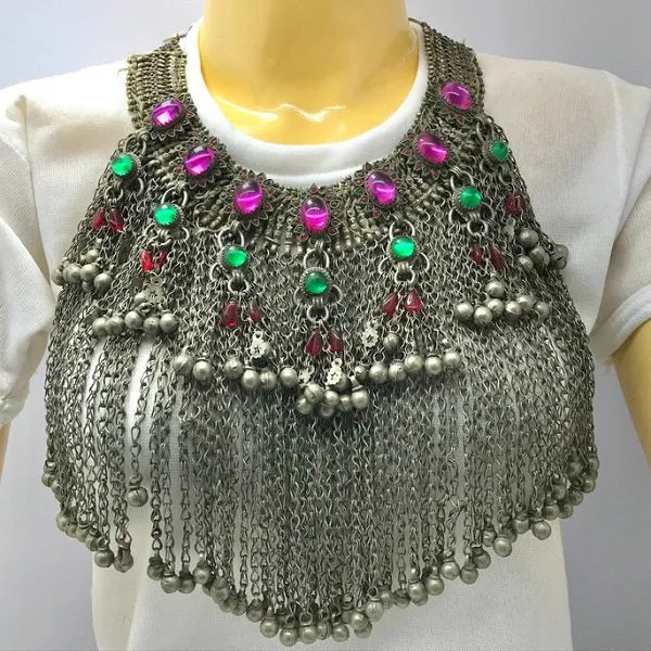 Statement Choker Necklace  Long Silver Dangling Bells