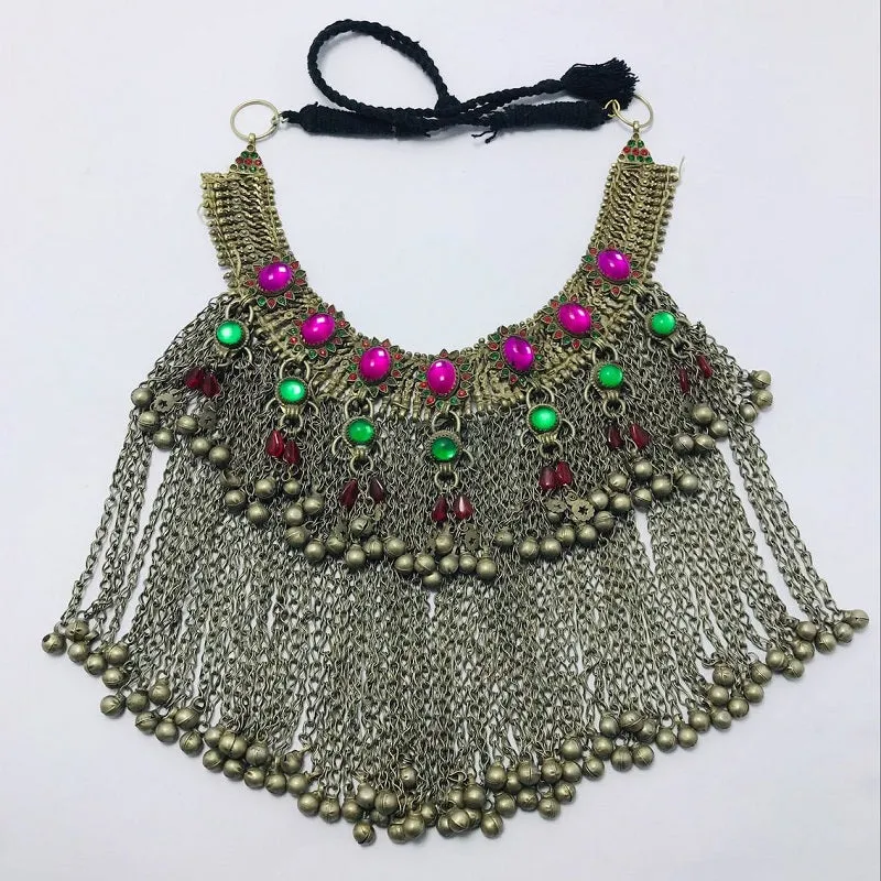 Statement Choker Necklace  Long Silver Dangling Bells