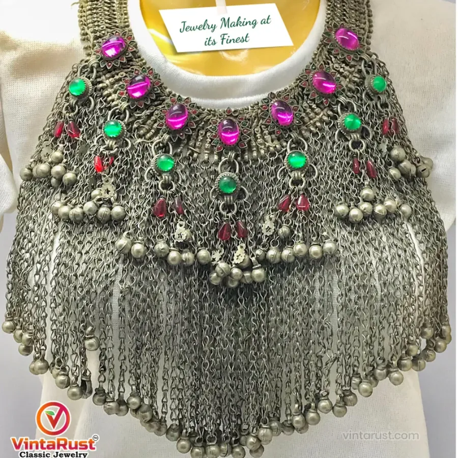 Statement Choker Necklace  Long Silver Dangling Bells