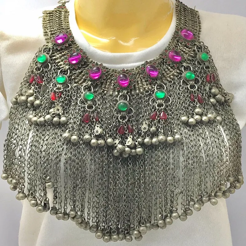 Statement Choker Necklace  Long Silver Dangling Bells