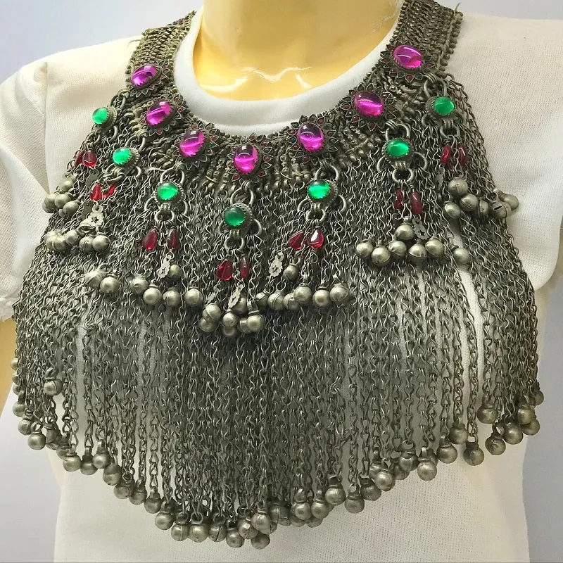 Statement Choker Necklace  Long Silver Dangling Bells