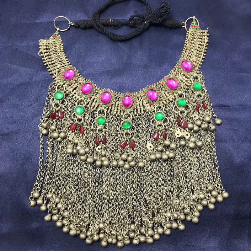Statement Choker Necklace  Long Silver Dangling Bells
