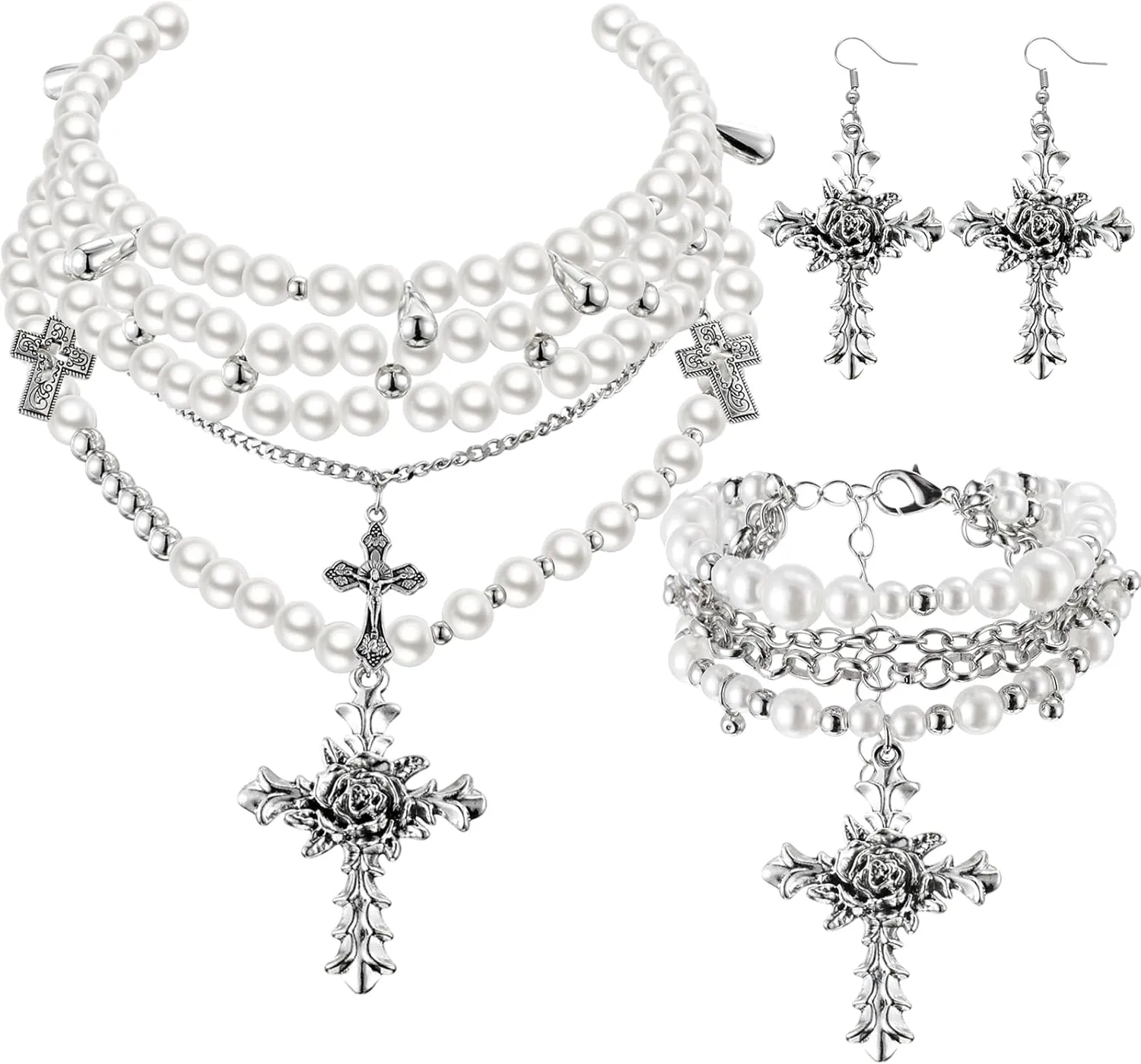 Tondiamo 3 Pcs Pearl Cross Necklace Gothic Jewelry Set for Women Goth Earrings Bracelet Layered Y2k Choker Costume Accessories (Classic Pearl)