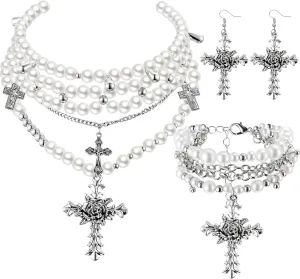 Tondiamo 3 Pcs Pearl Cross Necklace Gothic Jewelry Set for Women Goth Earrings Bracelet Layered Y2k Choker Costume Accessories (Classic Pearl)