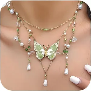 Trendy Big Butterfly Choker Necklace for Women, Cute Layered Fairy Pearl Tassel Butterfly Pendant Necklace Statement Costume Accessories Jewelry Gifts