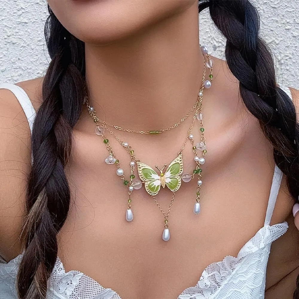 Trendy Big Butterfly Choker Necklace for Women, Cute Layered Fairy Pearl Tassel Butterfly Pendant Necklace Statement Costume Accessories Jewelry Gifts