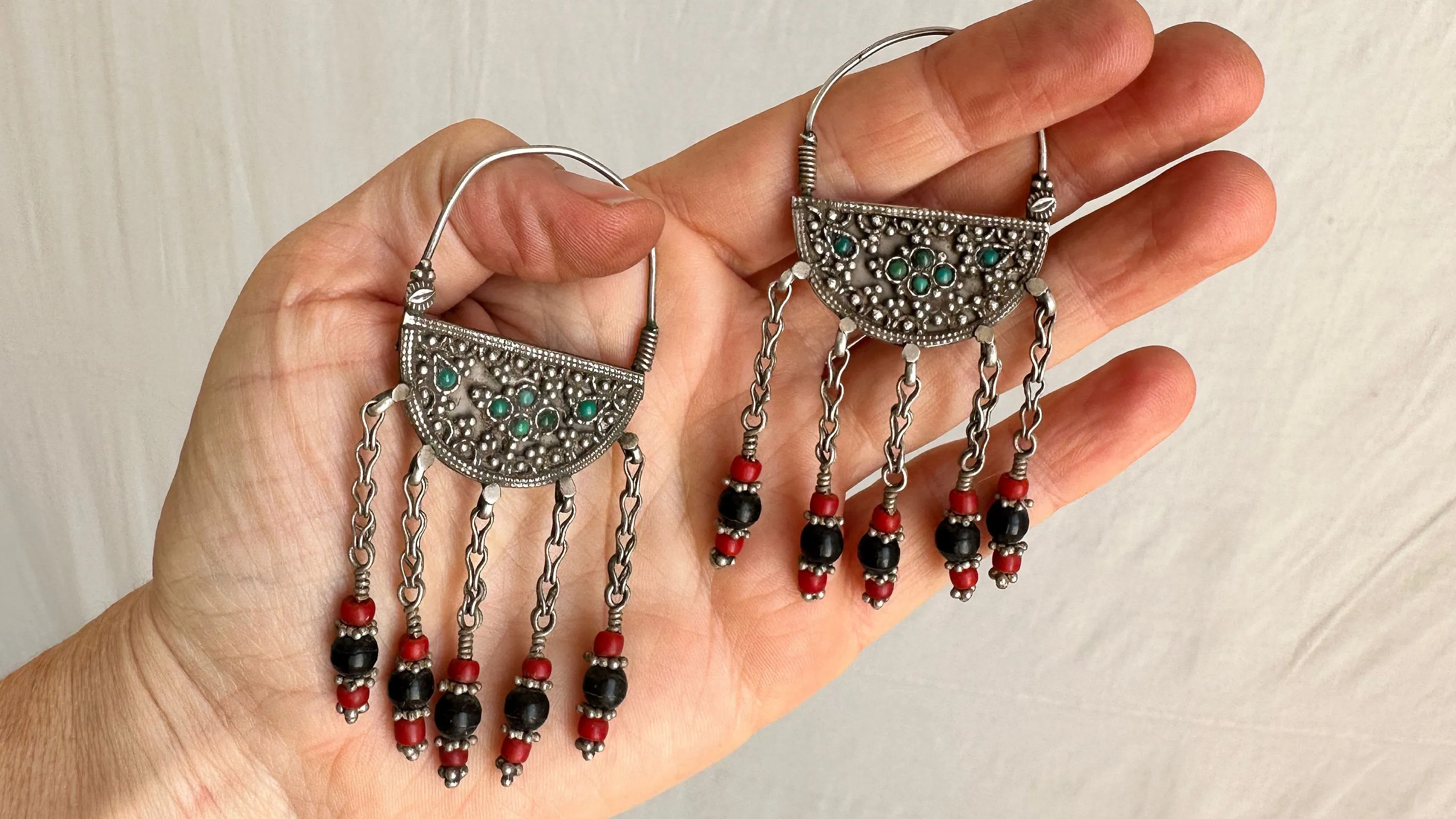 Vintage Uzbek Bukhara Earrings. Silver & Pearl. Long Dangles. 0790