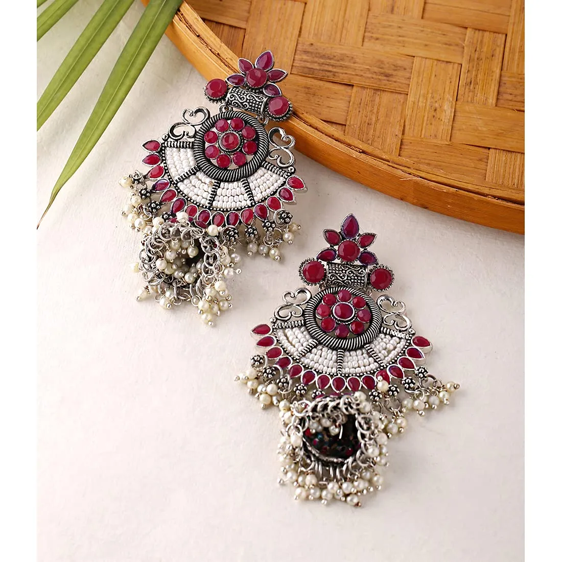 Yellow Chimes Oxidised Earrings for Women Ethnic Silver Oxidised Pink Stones Moti Traditional Pink Chandbali Earrings for Women and Girls