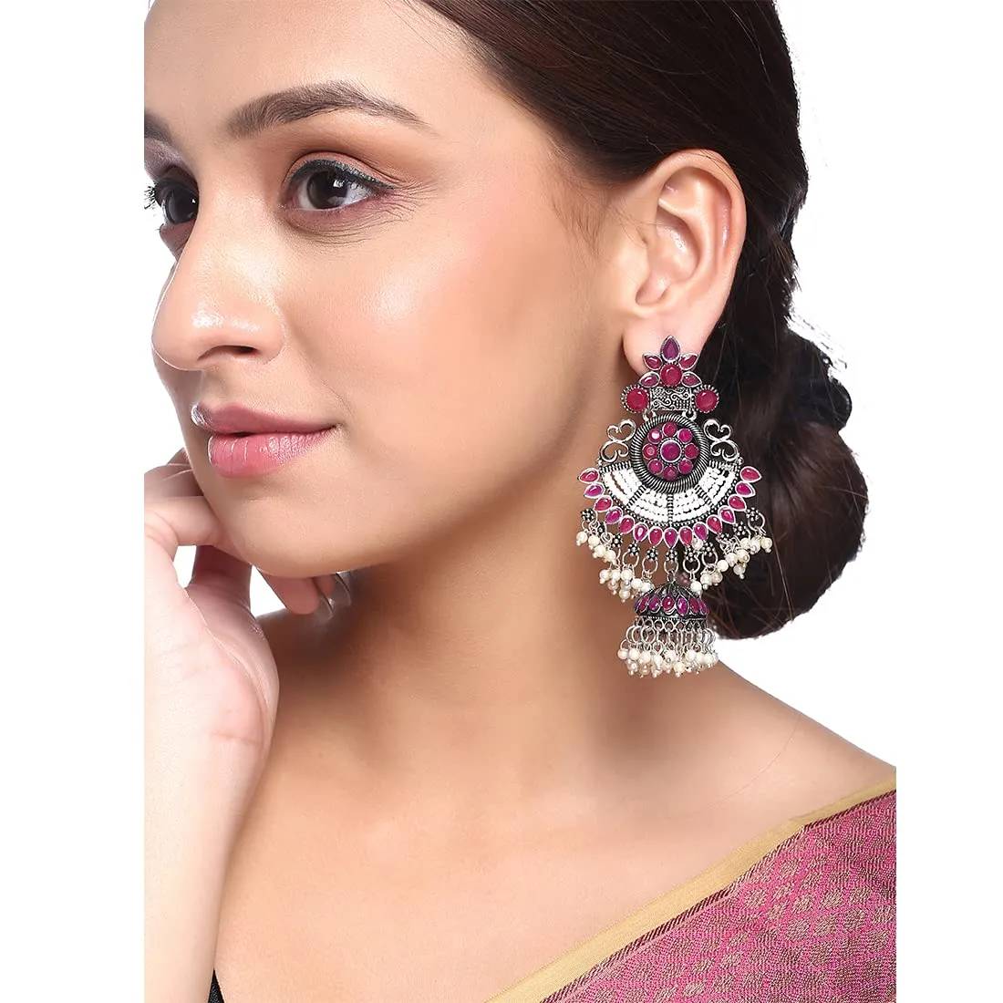 Yellow Chimes Oxidised Earrings for Women Ethnic Silver Oxidised Pink Stones Moti Traditional Pink Chandbali Earrings for Women and Girls