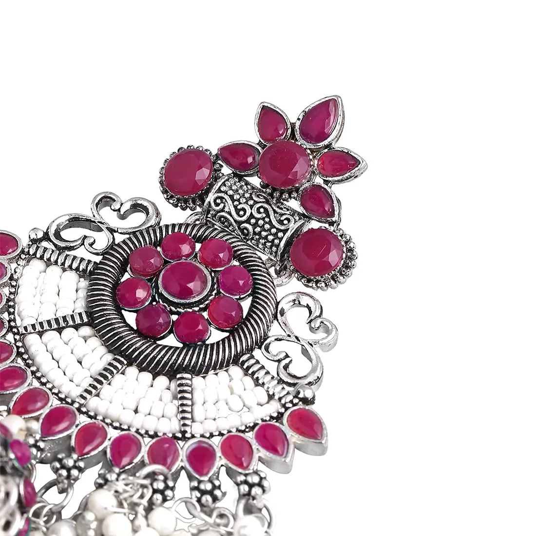 Yellow Chimes Oxidised Earrings for Women Ethnic Silver Oxidised Pink Stones Moti Traditional Pink Chandbali Earrings for Women and Girls