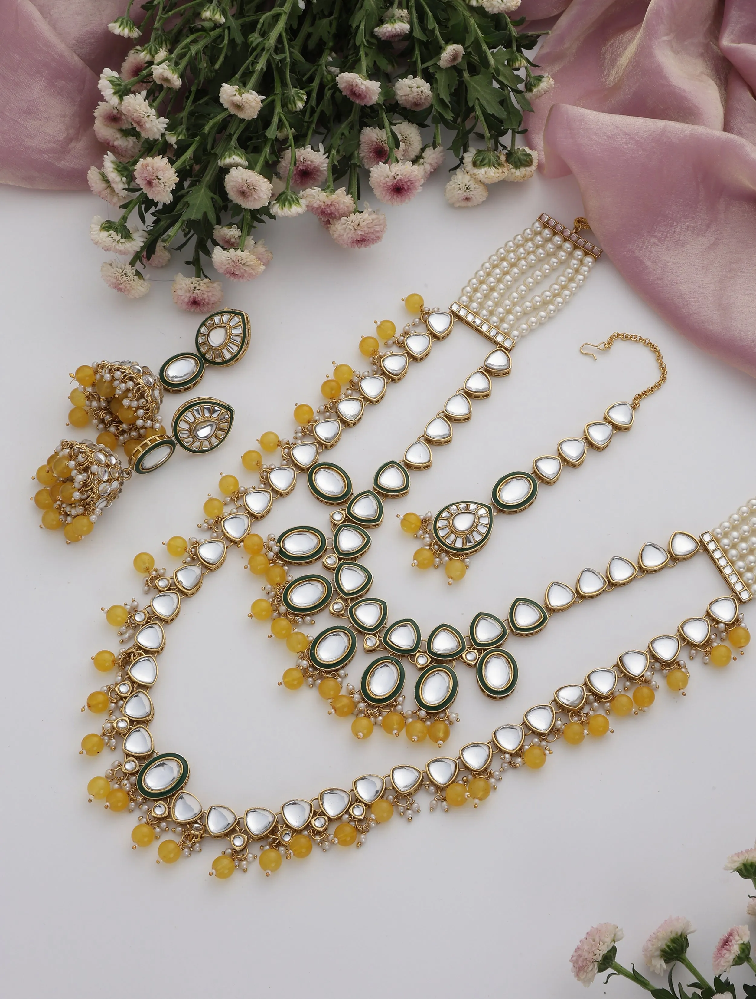 Yellow Color Kundan Long Necklace, Earring and Maang Teeka Set