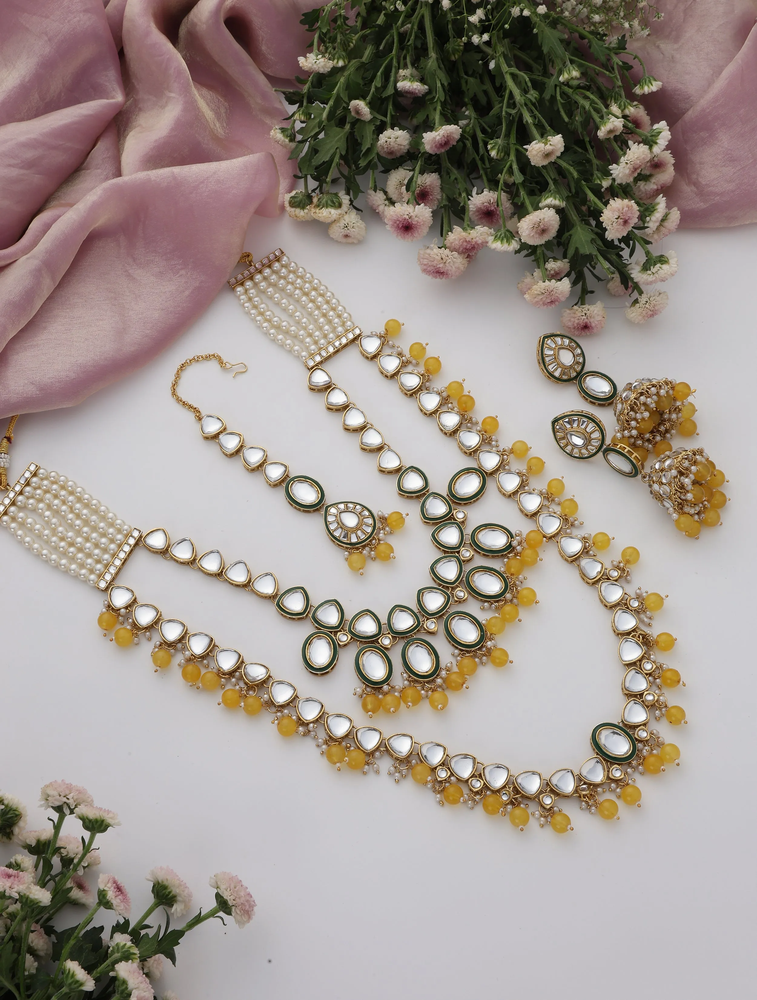Yellow Color Kundan Long Necklace, Earring and Maang Teeka Set
