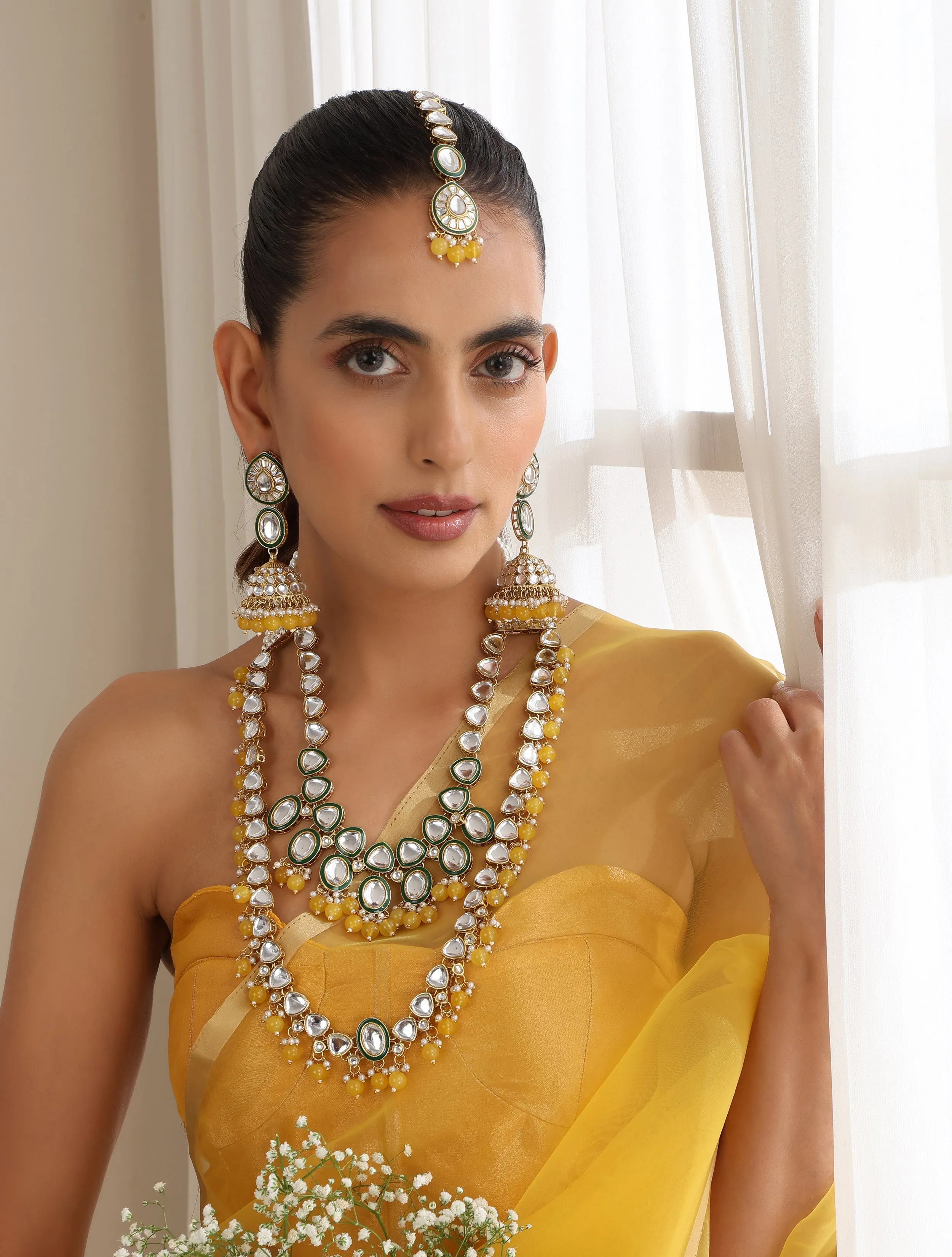 Yellow Color Kundan Long Necklace, Earring and Maang Teeka Set