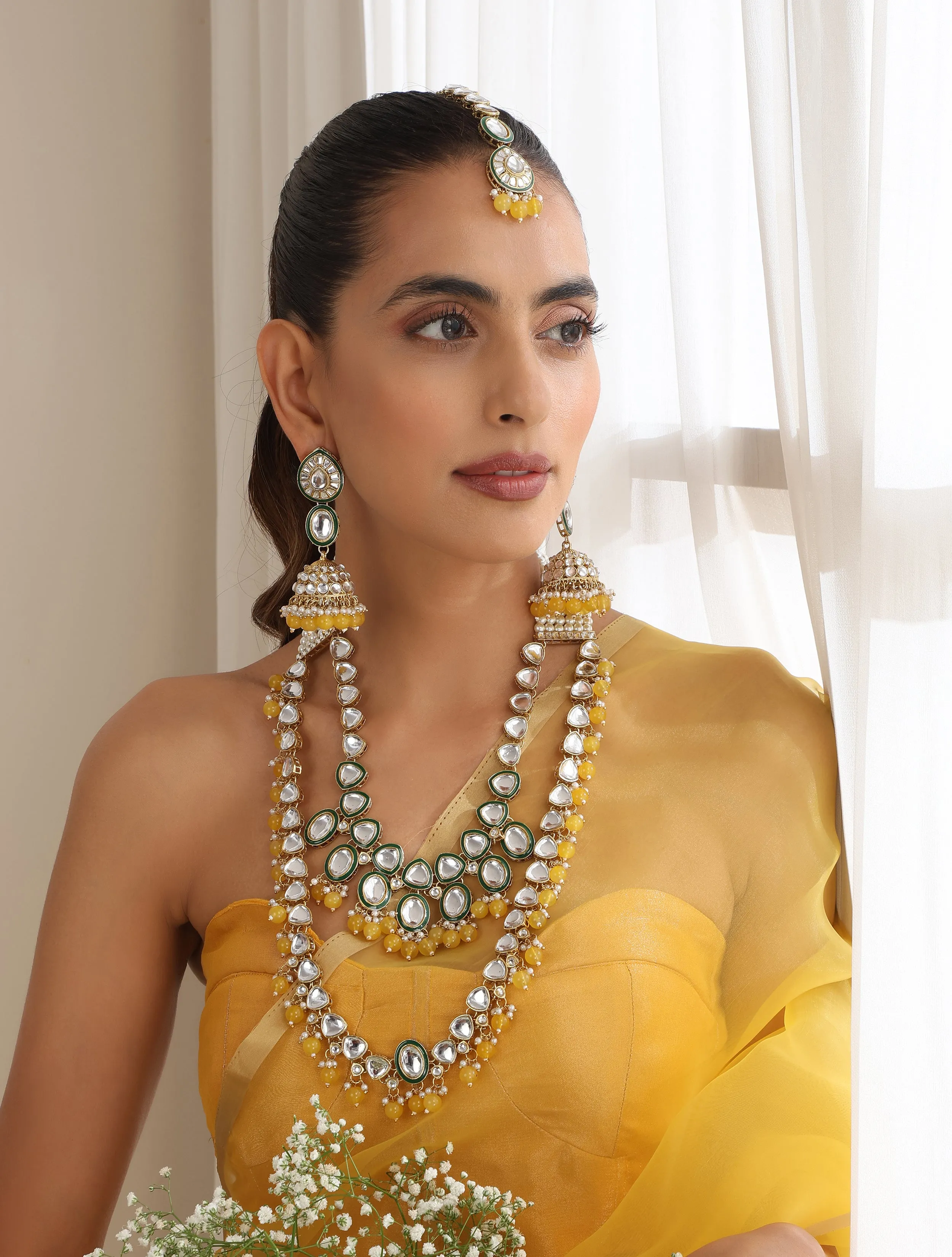Yellow Color Kundan Long Necklace, Earring and Maang Teeka Set