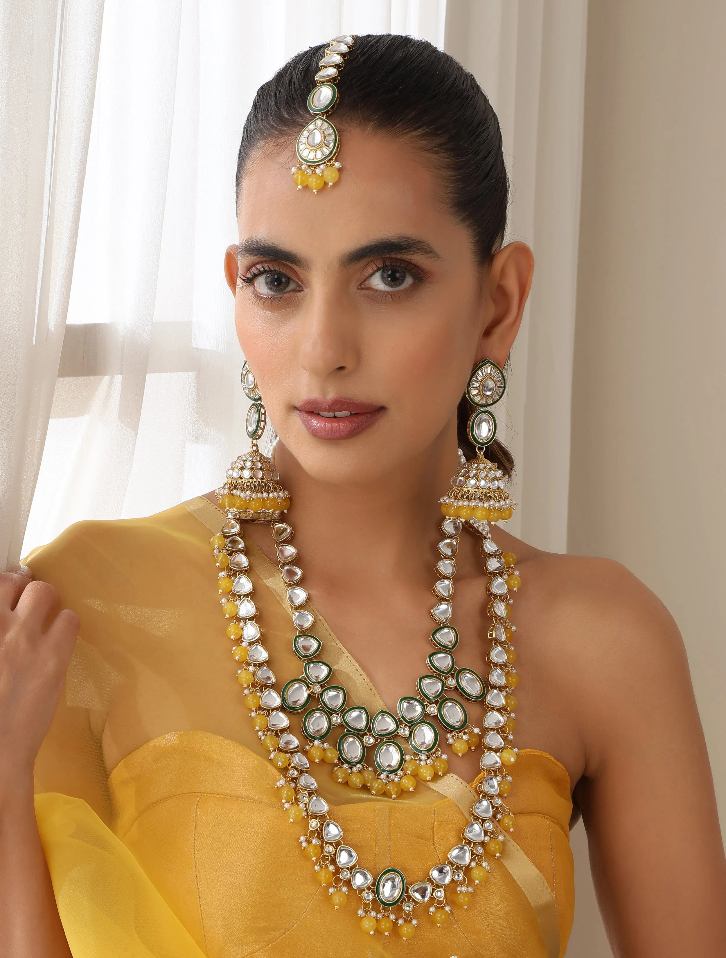 Yellow Color Kundan Long Necklace, Earring and Maang Teeka Set
