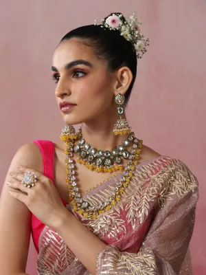Yellow Color Kundan Long Necklace, Earring and Maang Teeka Set