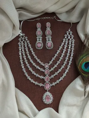 Zircon Layered Necklace Set in Pastel Baby Pink